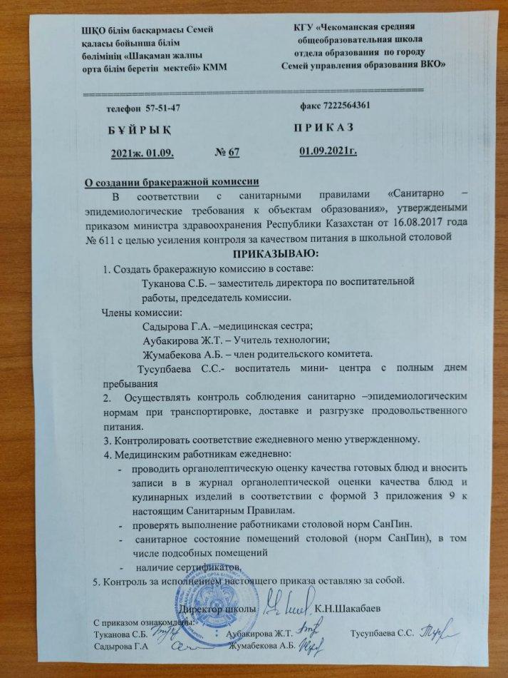 Приказ о бракеражной комиссии